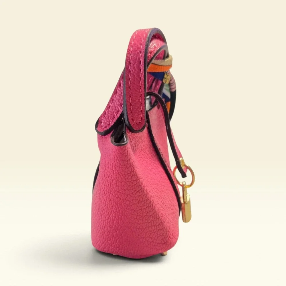 Pink Vegan Leather Mini Bucket Bag Charm With Lock And Scarf Detail